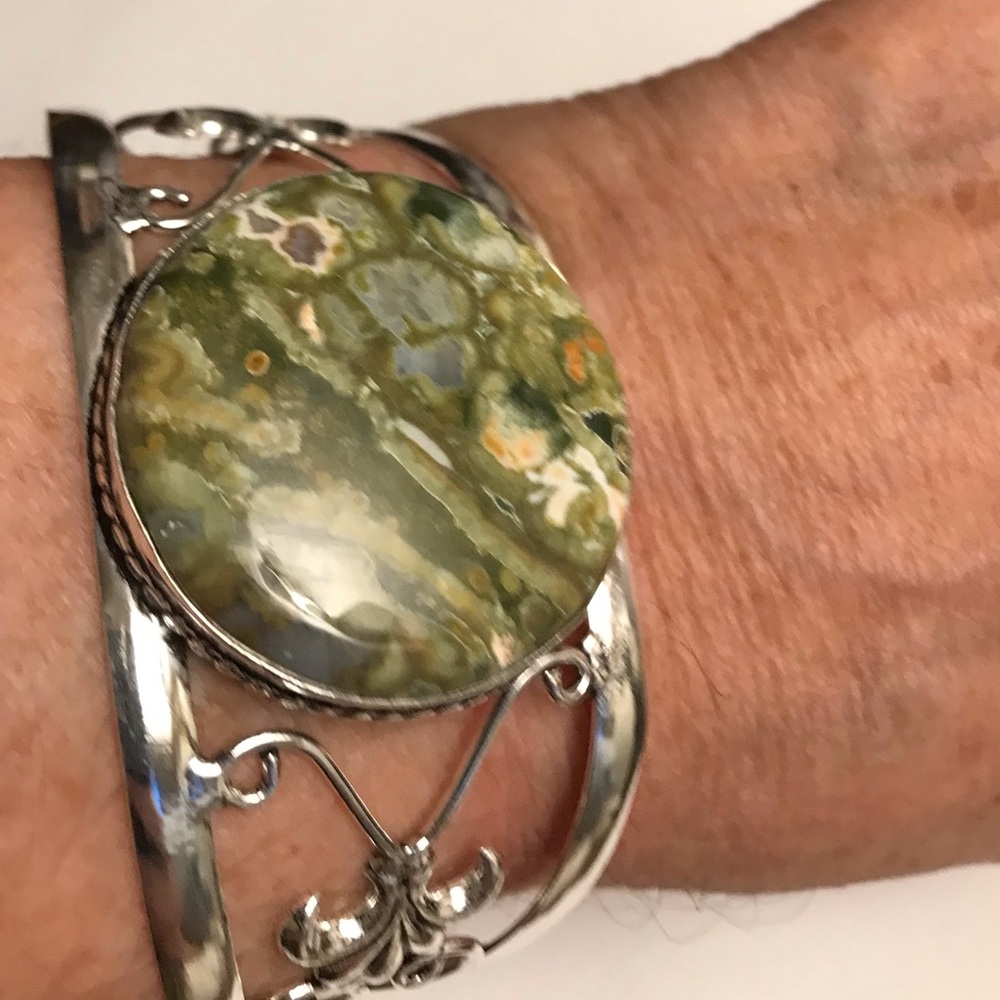 Rainforest Jasper Stamped 925 Sterling Silver Cuff Bracelet